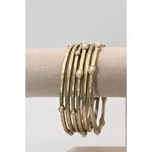 Chicos Style Gold Tone Bangle Set Faux Pearl Stack 6 Bracelets